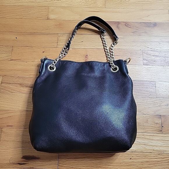 Michael Kors Jet Set Black Pebbled Genuine Leather Slouchy Satchel Designer - Picture 1 of 13